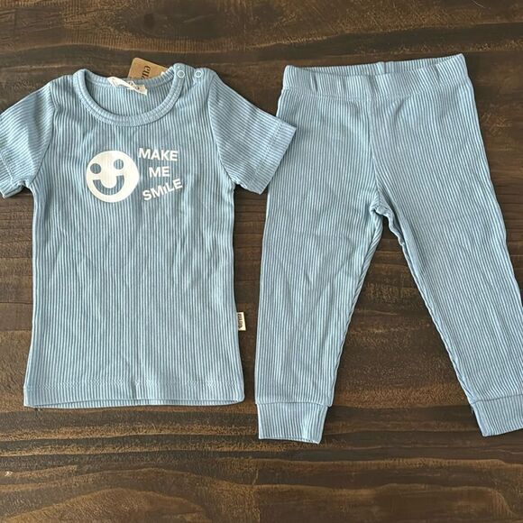 ORGANIC COTTON RIBBED PAJAMAS SET SMILEY FACE IN BLUE - Picture 1 of 5